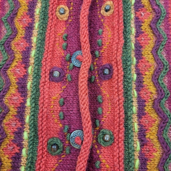 Newari hand knit red wool cardigan sweater Icelandic Design cozy artsy NWT S/M - Picture 8 of 11